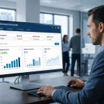 איש מכירות עובד מול לוח מחוונים של LinkedIn Sales Navigator