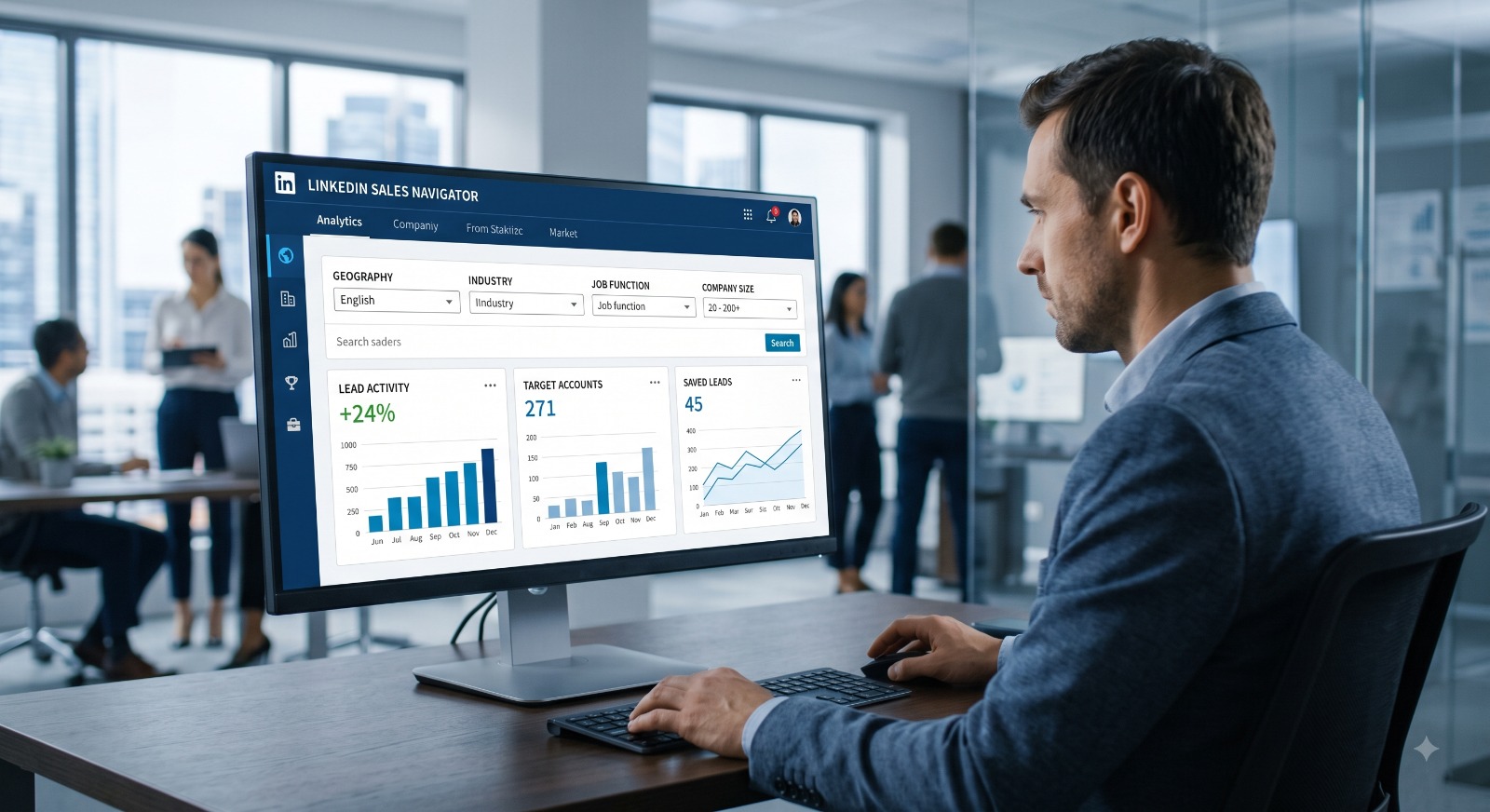 איש מכירות עובד מול לוח מחוונים של LinkedIn Sales Navigator