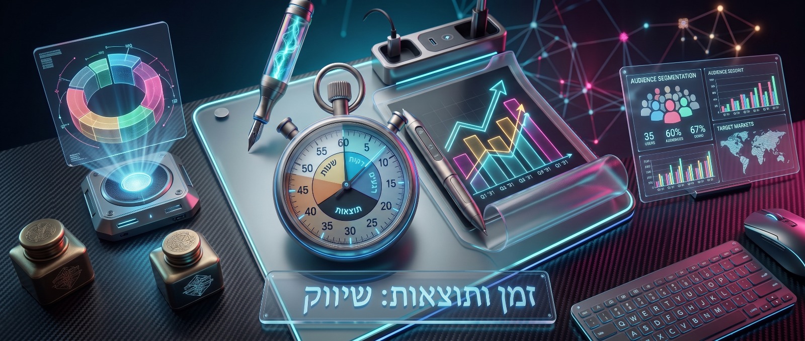 שעון עצר לצד גרפים ולוחות מדידה, ממחיש כמה זמן לוקח לראות תוצאות משיווק בלינקדאין