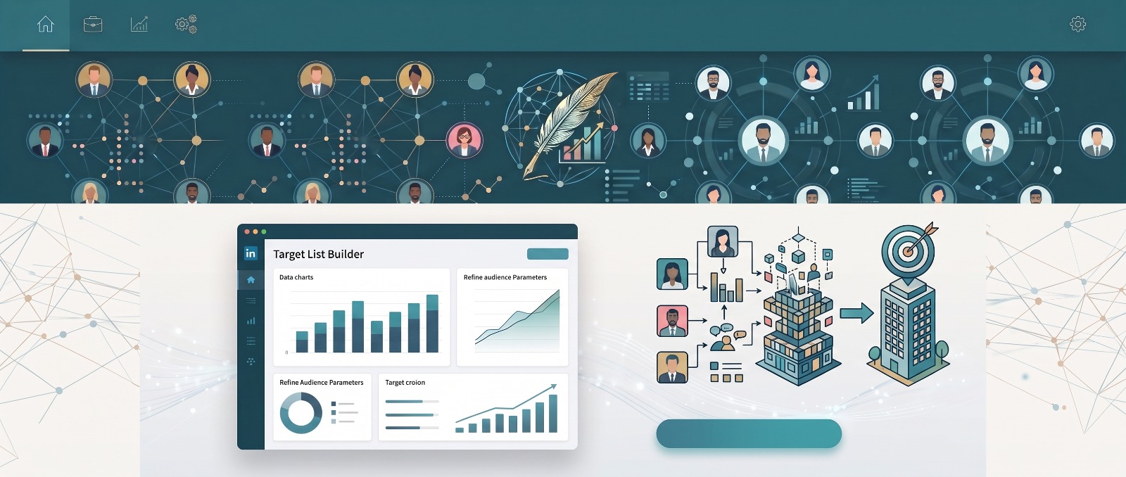 מסך בניית רשימת קהל יעד ב-Sales Navigator עם סינון קהלים וחיבור בין אנשי קשר לחברות